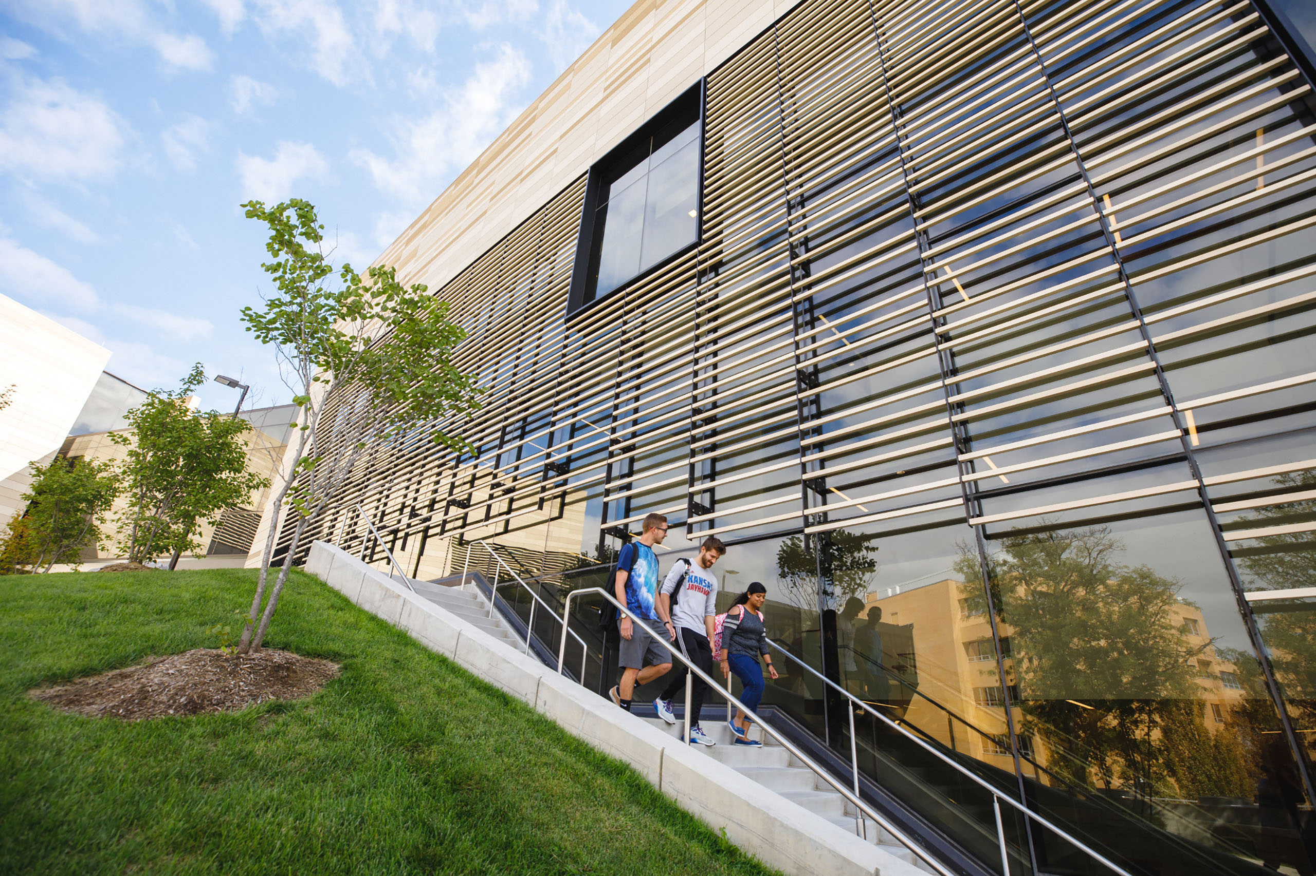 Students walking down the stairs on the west side of Slawson Hall